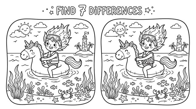 Find 7 differences game with girl on unicorn float Keywords: find differences, game, puzzle