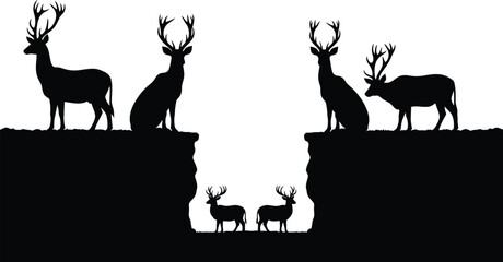 Naklejka premium Deer Silhouettes on Cliffs Isolated on White