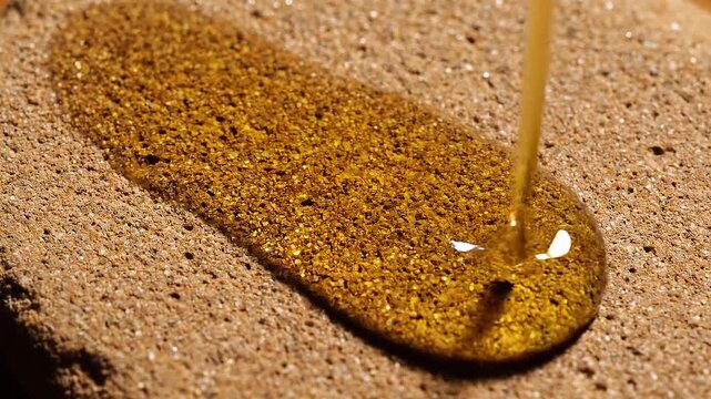 Close-up of a thick, golden liquid stream gently flowing onto a textured, porous surface, illustrating fluid dynamics and material absorption principles