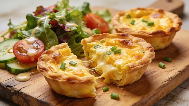 Golden cheddar omelette tarts served with crisp mixed salad