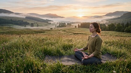 Fototapeta premium Woman Meditating Outdoors in Serene Misty Mountain Landscape at Sunrise