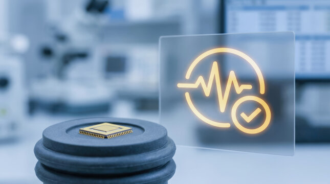 Semiconductor chip process technology concept with electronic component and quality control symbol in lab war innovation