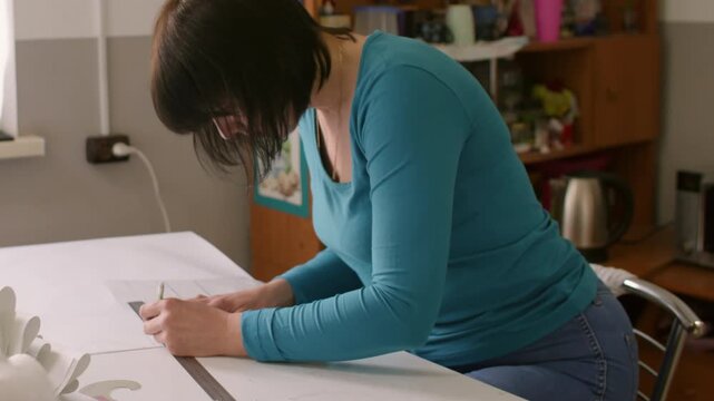 Couturier workflow. Tailor desk. Woman hand creating garment patterns with ruler making notes on paper in clothes studio interior.