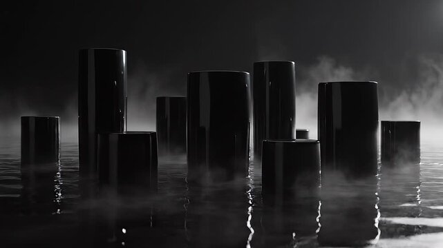 Dark cylindrical towers emerge from a misty, reflective water surface, crafting an eerie urban abstract landscape with dramatic monochrome atmosphere and mysterious shadows