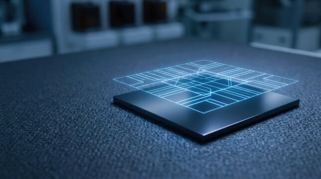 Semiconductor chip process war concept with futuristic digital circuit design glowing on black surface in technology lab