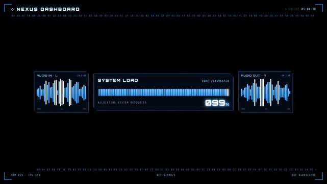 Complex Futuristic HUD Dashboard with Waveforms and Hex Code Loading Bar