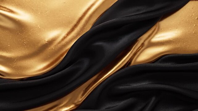 Luxurious abstract background featuring dynamic, flowing waves of shimmering gold and deep black satin fabric, creating a sophisticated and opulent texture pattern for design