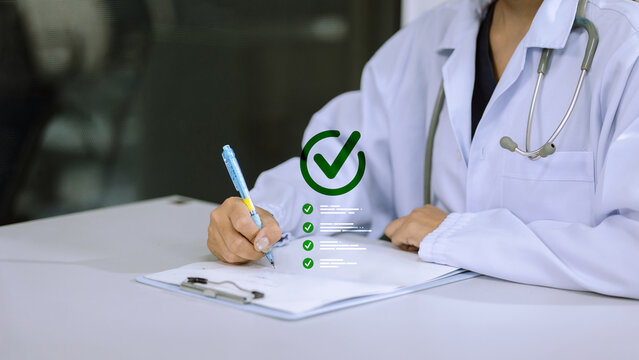 Doctor Completing Medical Checklist and Healthcare Quality Assurance Documentation