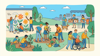 Obraz premium Community Volunteer Day Activities Tree Planting Mural Painting Donation Elderly Care Cartoon Flat Illustration