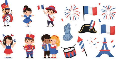 Bastille Day France National Day Cute Character and Elements Illustration Set