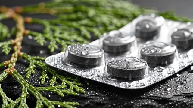 Black herbal supplement tablets in blister pack with fresh green thuja branch and water droplets on dark background