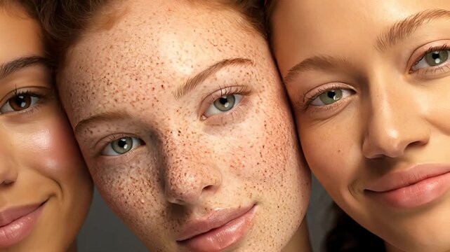 Diverse young models with natural skin and freckles posing for fashion campaign. Portrait of three women showing distinct facial features and healthy beauty care.