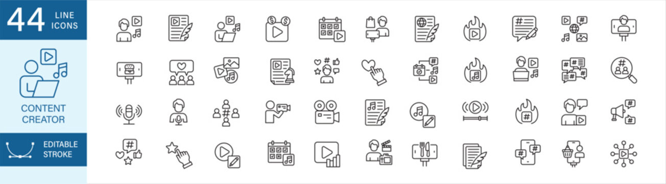 Content Creator line icon set. Featuring symbol : blogger, video blogger, digital marketing, affiliate, live selling, trending topic, viral, video editing, shooting, influencer, engagement, audience