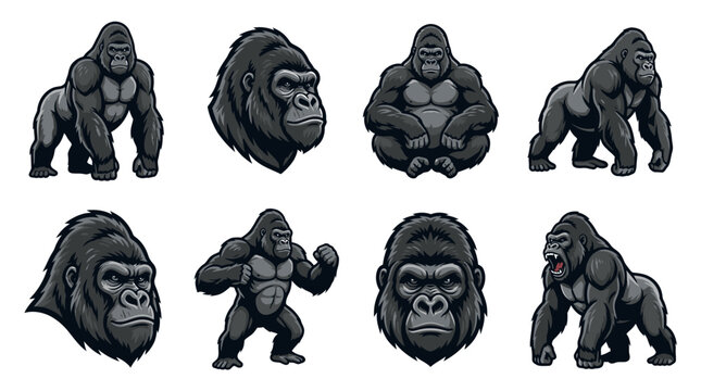 Eight cartoon gorilla poses variety pack.