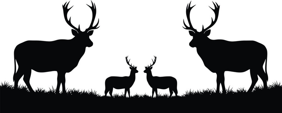 Deer Family Silhouette on Grass Isolated on White