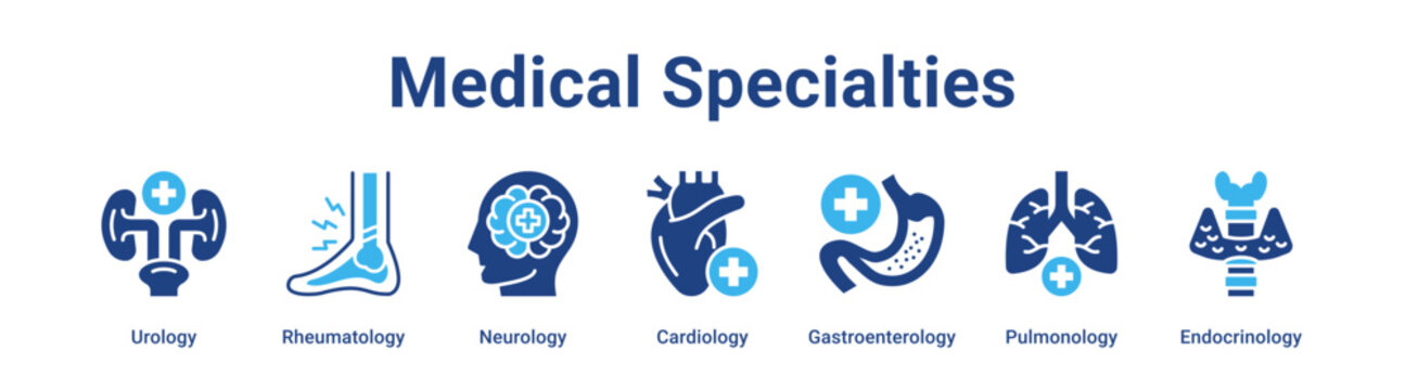 Medical Specialties web banner icon vector illustration concept for medical with icon of Urology, Rheumatology, Neurology, Cardiology, Gastroenterology.