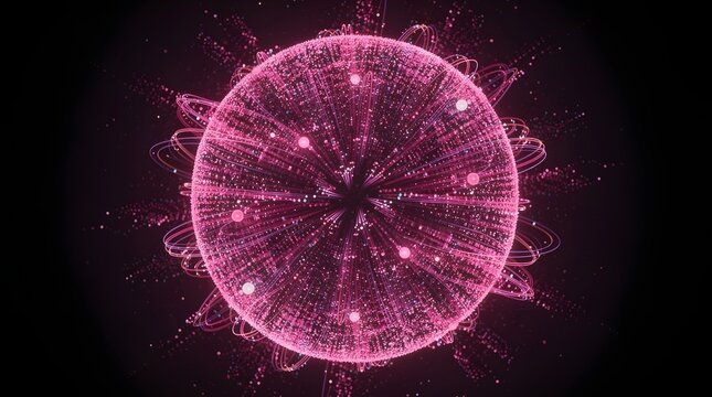 Sphere glows with vibrant pink particles and intricate digital light filaments emerging from a dark void in a futuristic abstract display.
