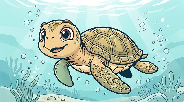 Happy Cartoon Sea Turtle Swimming Underwater photo