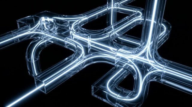 暗闇で起動しレーザー光が走る光コンピューティング回路の抽象的なループ背景