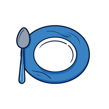 Cartoon blue dinner plate with a matching spoon.