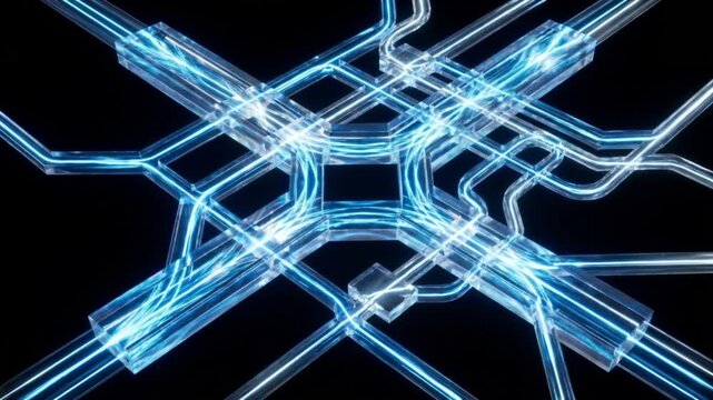 暗闇で起動しレーザー光が走る光コンピューティング回路の抽象的なループ背景