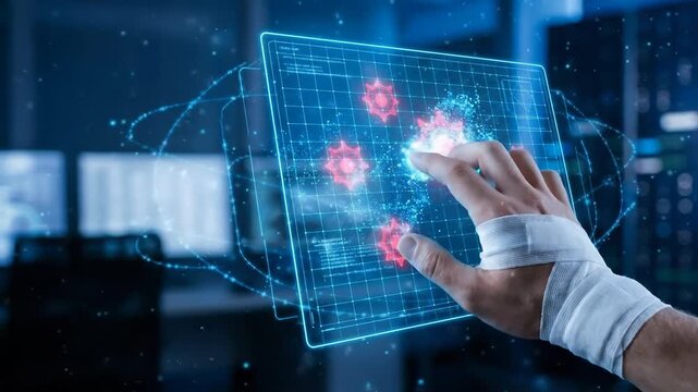 Hand interacting with digital interface and control grid displaying virus icons, futuristic glowing blue technology symbolizing infection control