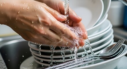 Fototapeta premium Washing hands with running water and clean dishes