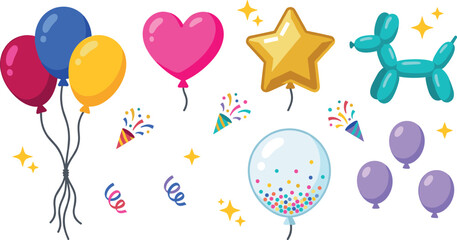 Birthday Party Balloons and Confetti Vector Icon Set with Heart, Star, Foil Balloon Animal Dog, Streamers, and Colorful Helium Balloon Bunches © MdLiton