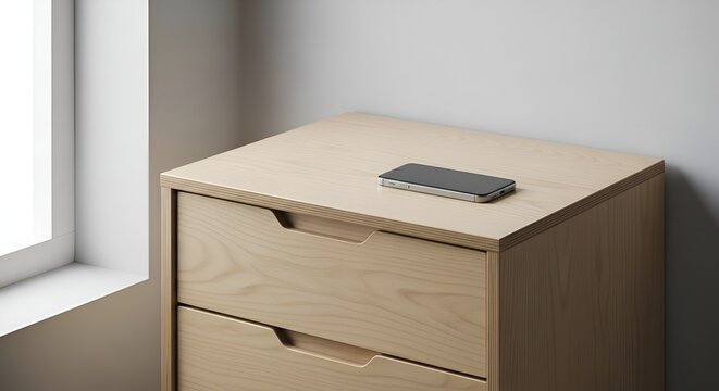 Smartphone on a Wooden Nightstand, Minimalist Home Interior
