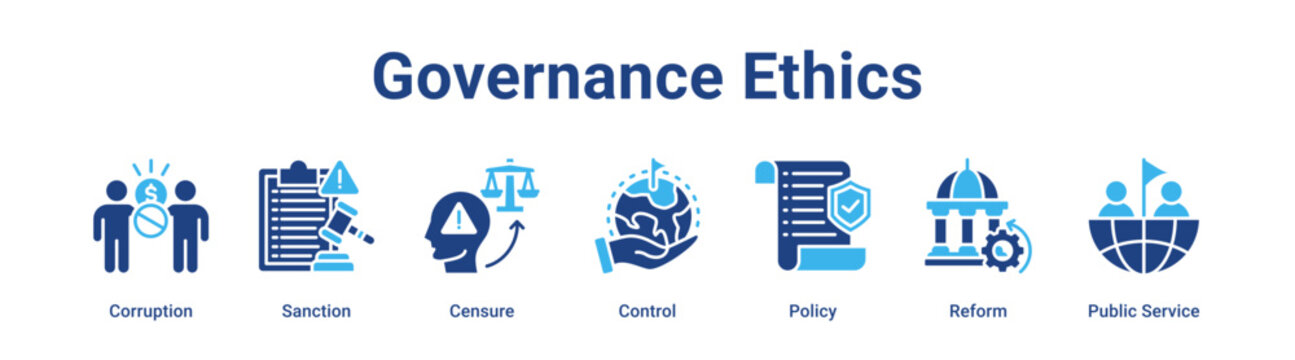 Governance Ethics web banner icon vector illustration concept for government with icon of Corruption, Sanction, Censure, Control, Policy, Reform.