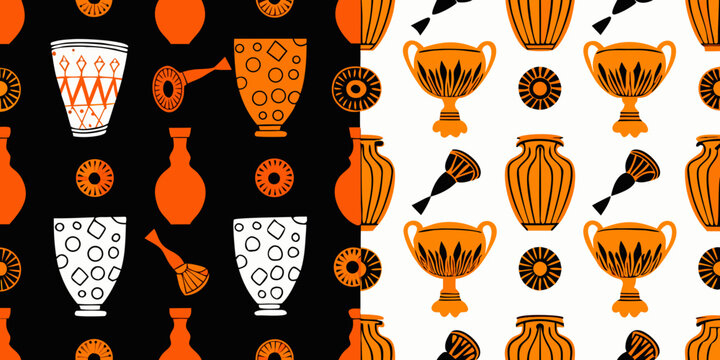 greek pottery seamless pattern orange and black illustration