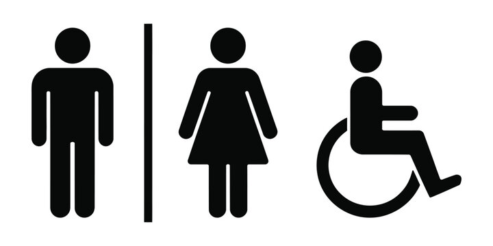 Restroom signs vector collection featuring male, female, and wheelchair accessible bathroom symbols for public spaces and wayfinding graphics.