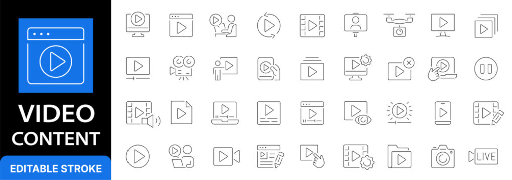 Video content and multimedia line icon set. Media player, movie streaming, drone filming and online video production outline symbols. Editable stroke.