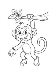 Fototapeta premium Cute monkey hanging on a tree branch coloring page for kids