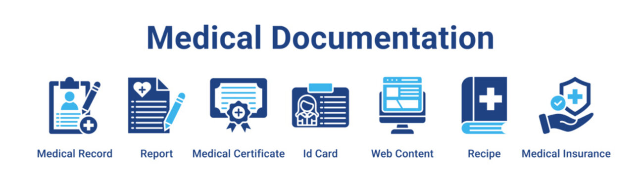 Medical Documentation web banner icon vector illustration concept for medical with icon of Medical Record, Report, Medical Certificate, Id Card, Web Content, Recipe.
