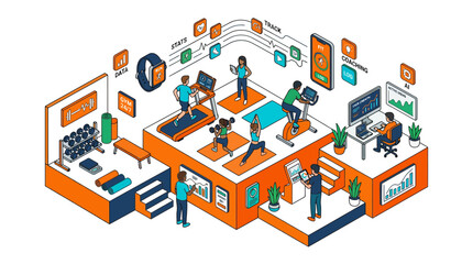 Fototapeta premium Busy isometric gym interior with people exercising illustration.