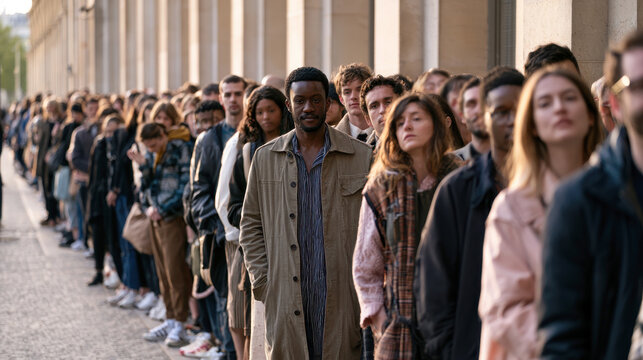Large group of individuals patiently queuing in an orderly line outside a contemporary office building, reflecting modern urban gatherings and anticipation.