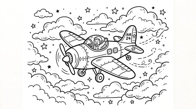 Pilot flying a plane through clouds and stars outline