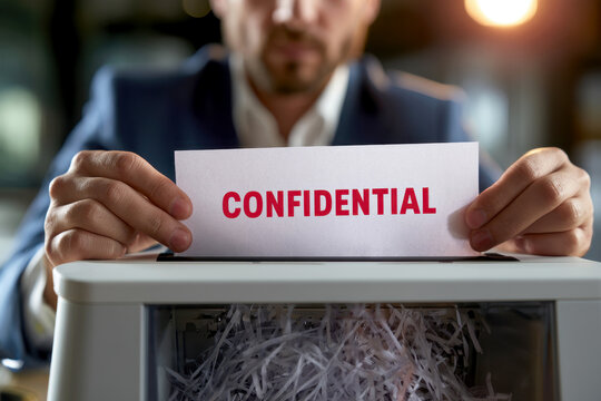 male office worker Putting Confidential Document Into Privacy Paper Shredder Machine Destroying Confidential Document File.