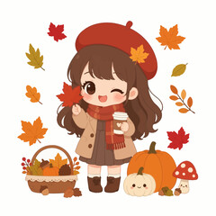 Chibi girl with coffee and pumpkins in autumn leaves.