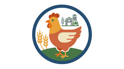 Circular logo with orange hen and farm background. © nnda
