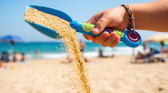 Close up of beach toys pouring sand onto shoreline with vacation seashore sandcastles activity playtime childhood
