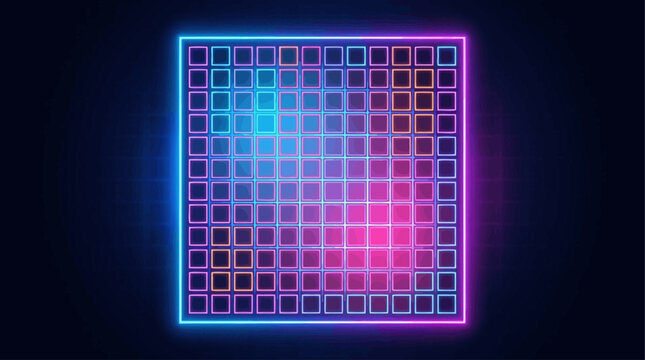 Abstract Neon Square Grid Background with Vibrant Digital Light Pattern