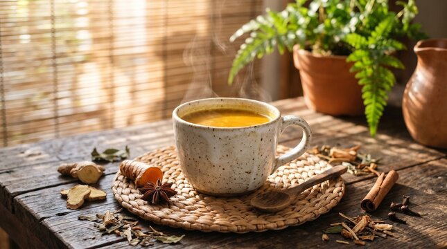 Steaming golden jamu herbal drink in ceramic mug on rattan mat with morning spices