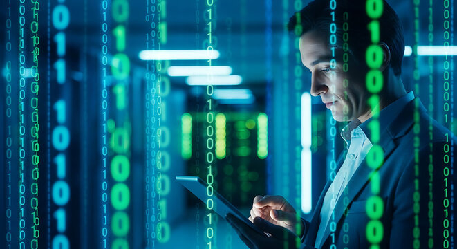 Man in suit using tablet surrounded by falling binary code in server room