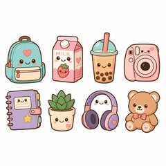 Collection of cute kawaii school and lifestyle icons set. © ktot