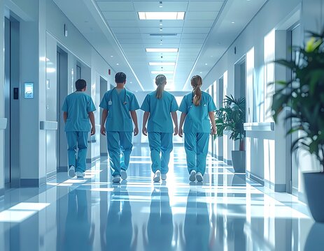 Medical professionals walk down a bright hospital corridor (27)