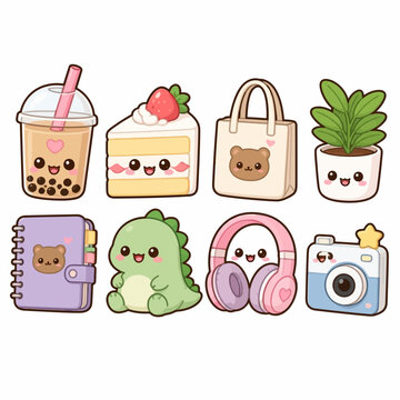 Collection of cute kawaii lifestyle stickers with various characters.