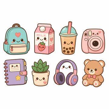 Collection of cute kawaii school and lifestyle icons set.