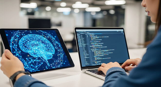 Person using laptop with code and tablet displaying digital brain network technology computer